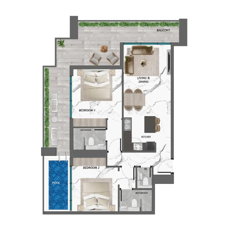 2 bedroom + pool
