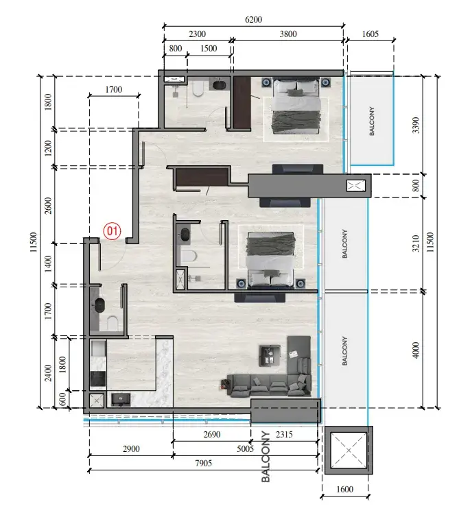 2 Bedrooms apartments - Auresta Tower