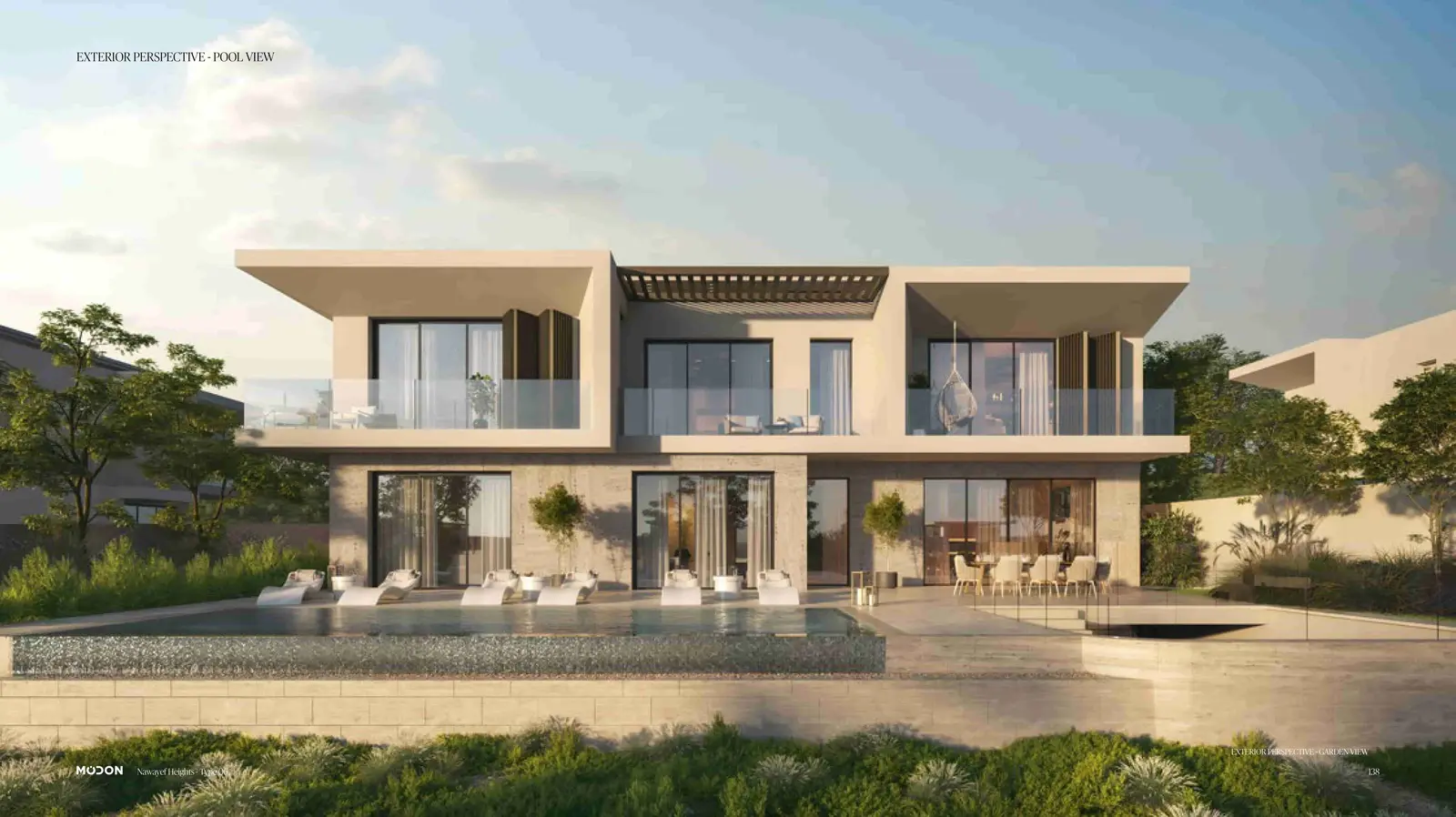 Private villa with tiered landscaping and outdoor lounge at Nawayef West Hill Hudayriyat Island Abu Dhabi