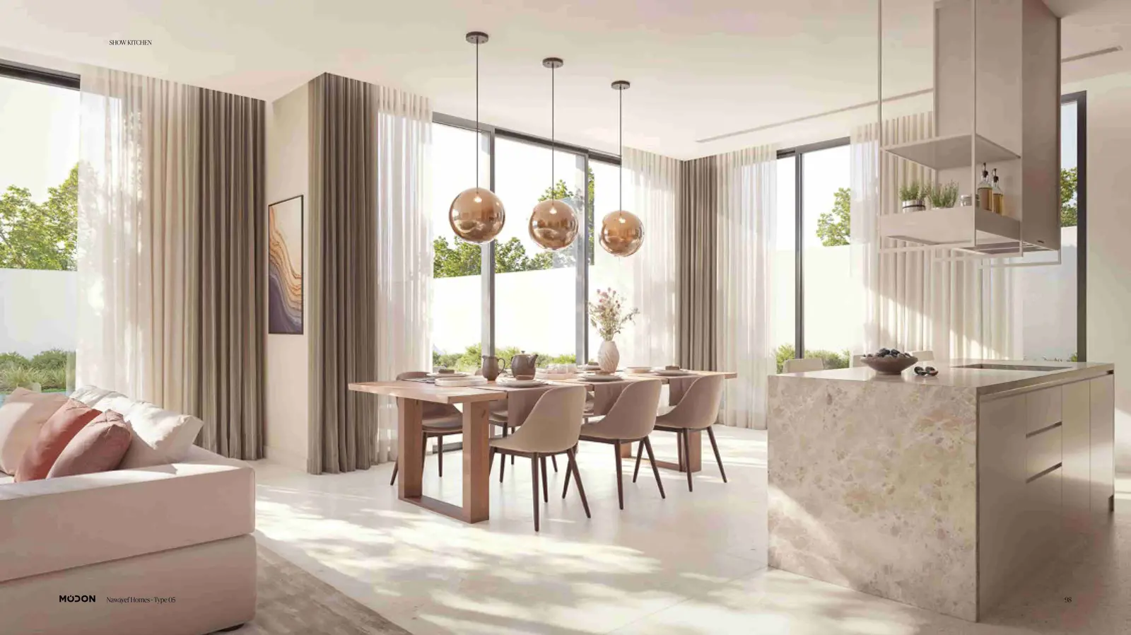 Spacious master bedroom suite with balcony overlooking Hudayriyat coast and skyline at Nawayef West Hill Abu Dhabi