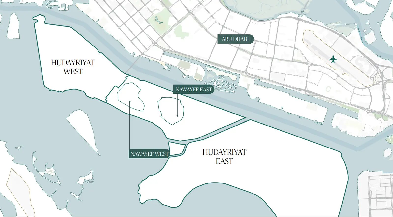 Aerial master plan of Nawayef West Hill showcasing hillside villas, winding roads, landscaped green spaces and panoramic Hudayriyat Island views