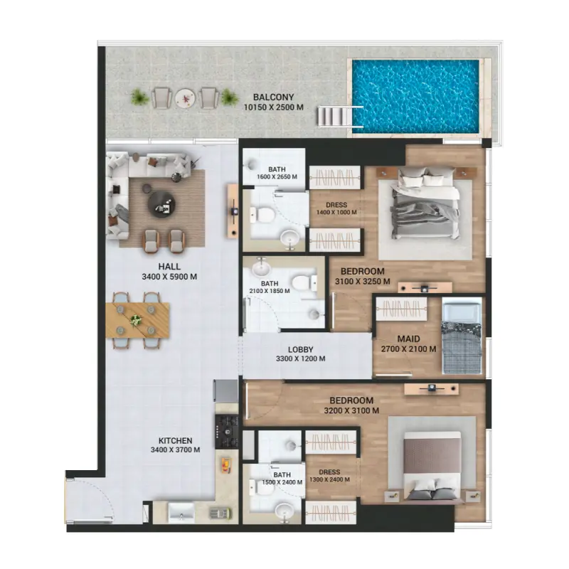 2 bedroom + pool