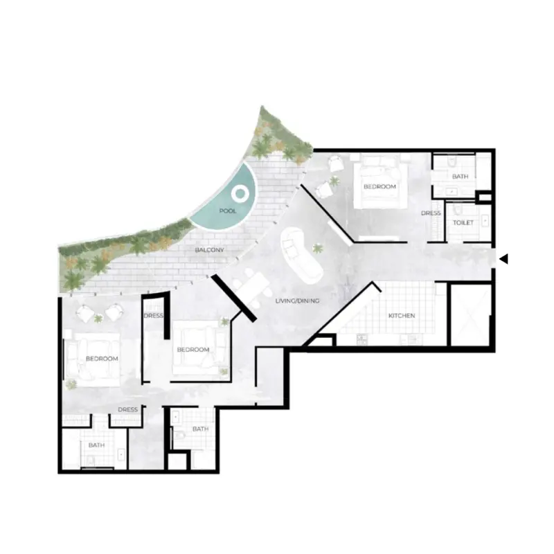 3 bedroom + pool floor plan