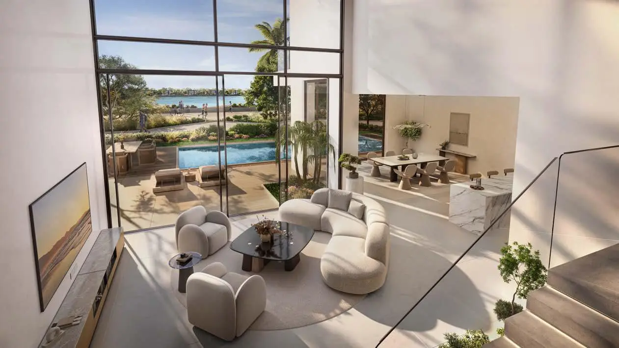 Modern living room interior at Bayn Villas lagoon-facing home Dubai