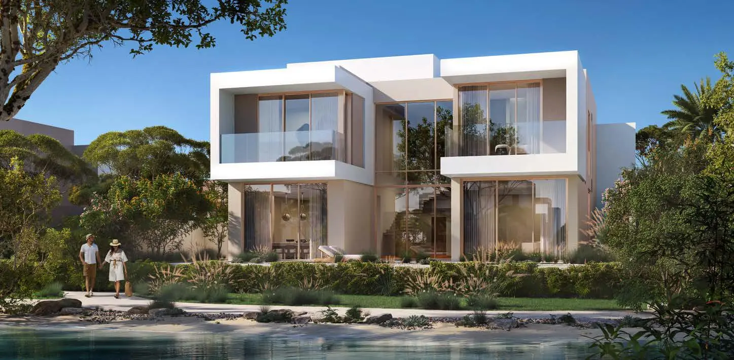 Lagoon-front villa exterior with private terrace at Bayn Villas Dubai