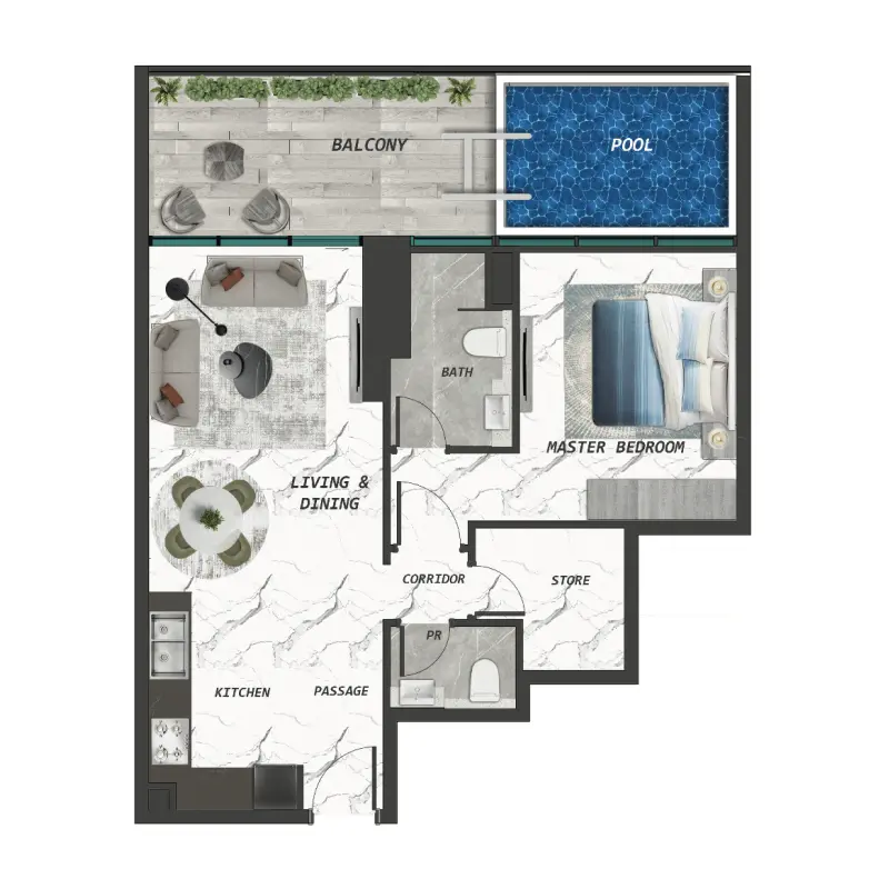1 bedroom + pool