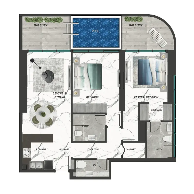2 bedroom + pool