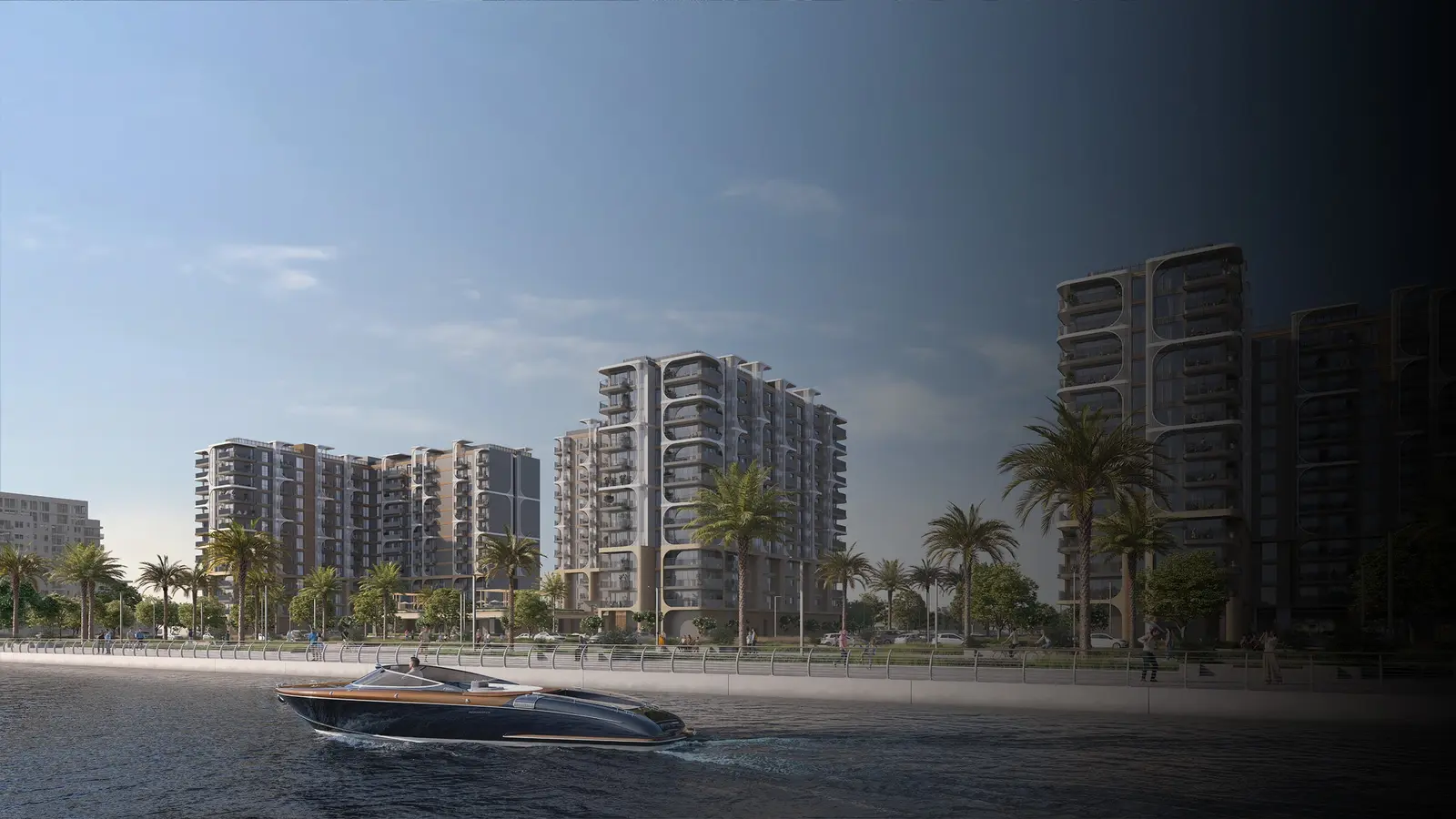 Nighttime exterior of Yas Living by Aldar buildings on Yas Island. Well-lit communal areas and sophisticated architecture reflect modern Abu Dhabi lifestyle.jpg