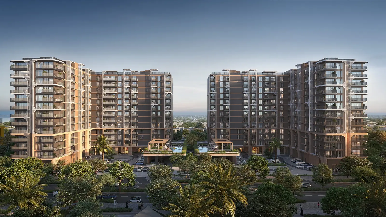 Yas Living by Aldar building façade at golden hour on Yas Island, Abu Dhabi. Featuring contemporary architecture and sustainable design in a thriving community near top attractions.jpg
