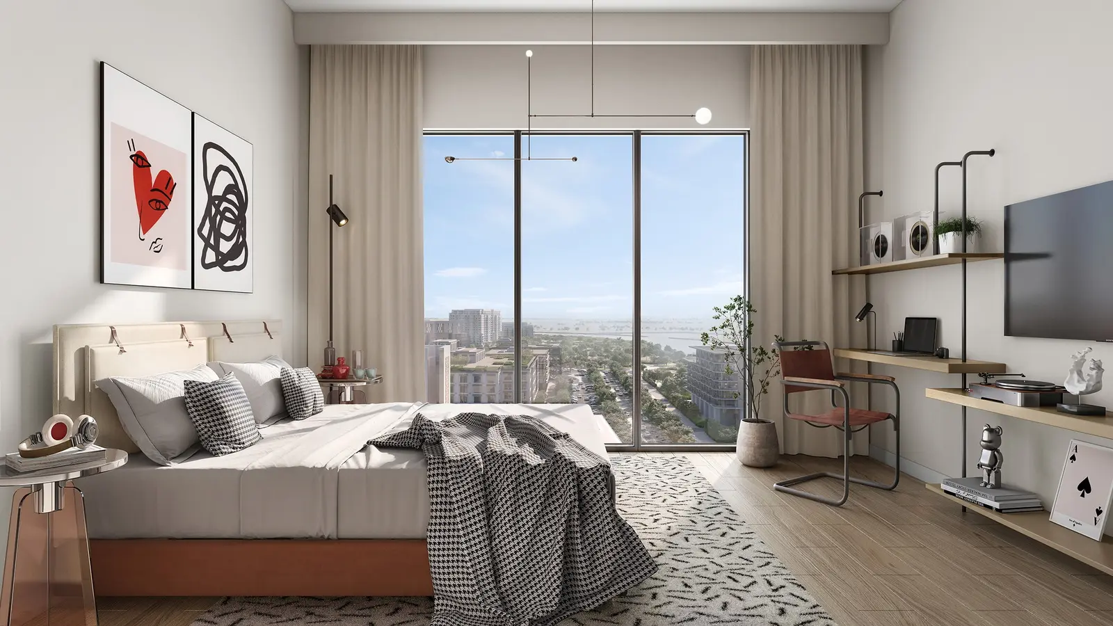 Spacious 1-bedroom apartment living room with floor-to-ceiling windows at Yas Living by Aldar. Located on Yas Island, this unit combines comfort, luxury, and functional design.jpg