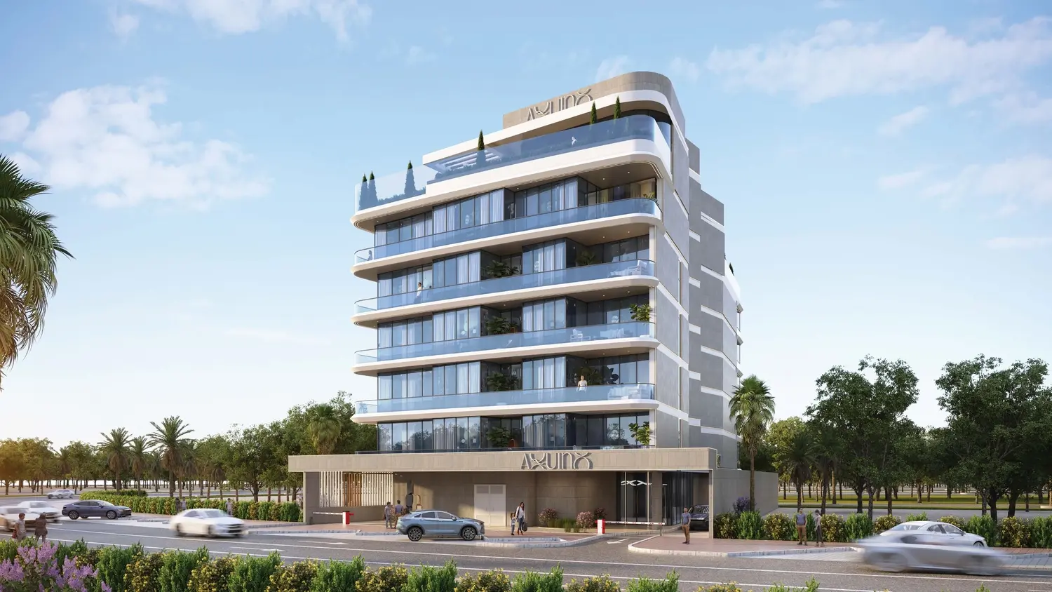 Opulent swimming pool terrace and sun deck located on the residential grounds at Aquino Ras Al Khaimah