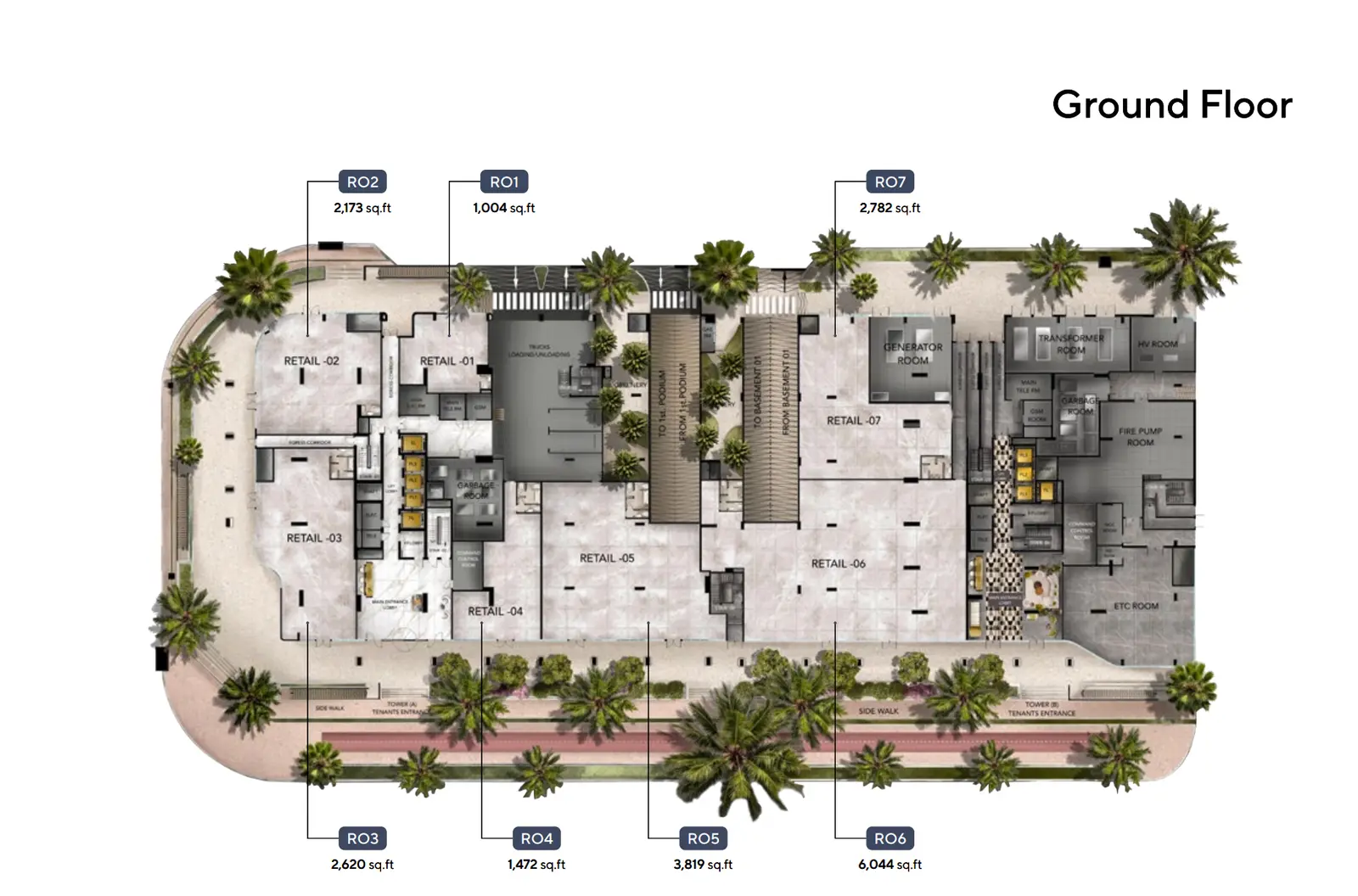 Radiant Atrium Tower B floor plate on Al Reem Island, Abu Dhabi, showing 20 residential floors with optimized layouts for studios, 1 and 2-bedroom apartments.