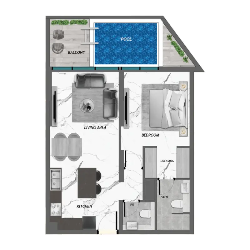 1 bedroom + pool