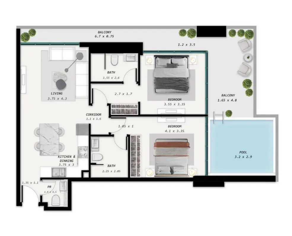 2 Bedrooms apartments - Samana Park Meadows