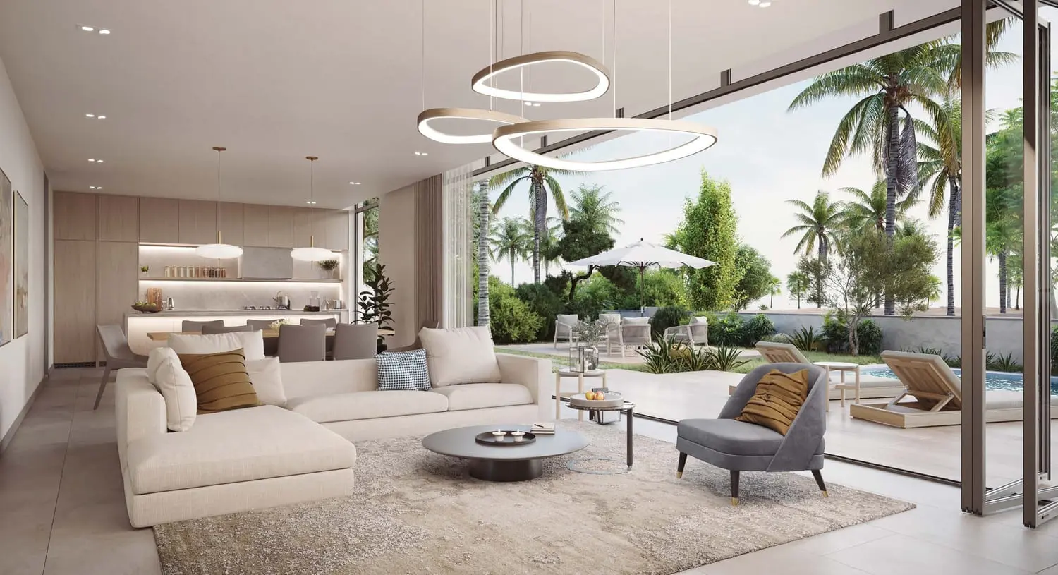 Rawya Villa open-plan living room with natural stone finishes