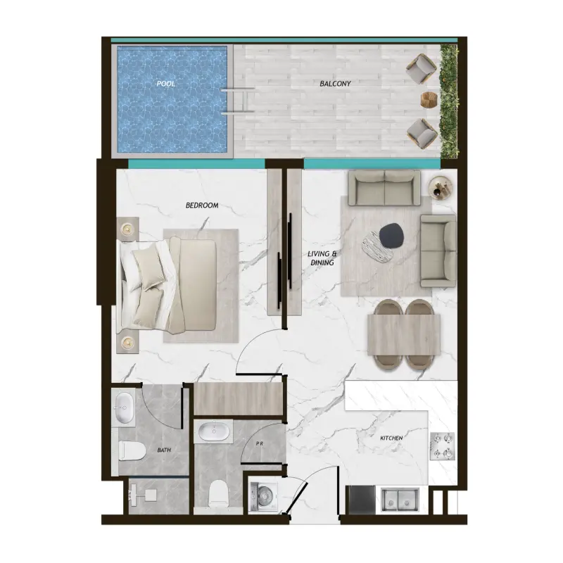 1 bedroom + pool