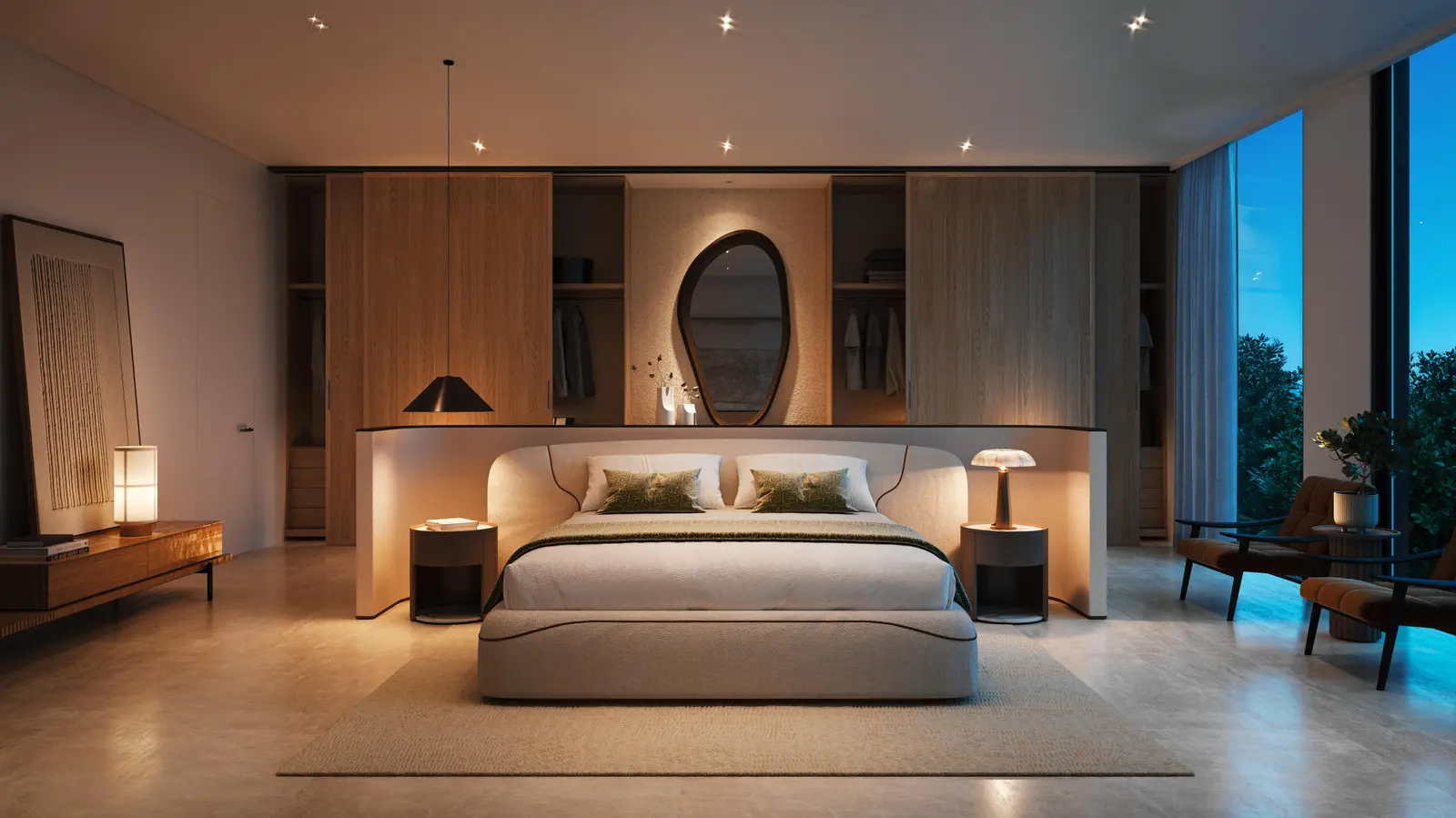 Master suite interior at Fay Gardens Fay Hills Masdar City highlighting serene décor and upscale lifestyle features..jpg