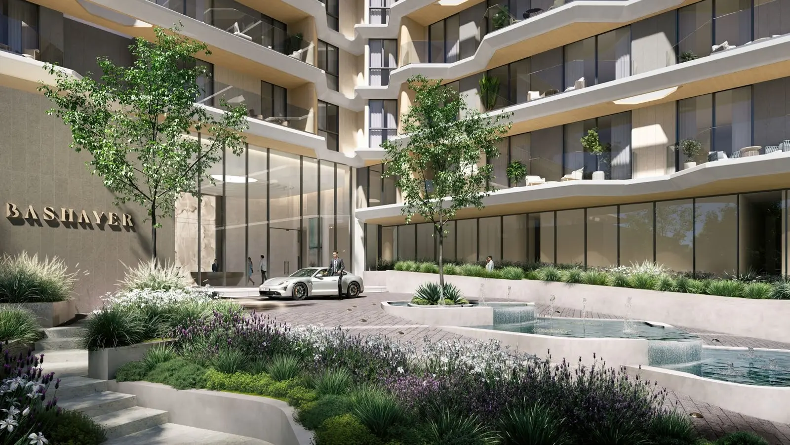 Residents enjoying rooftop infinity pool at Bashayer Residences with panoramic skyline and Abu Dhabi waterfront views.jpg