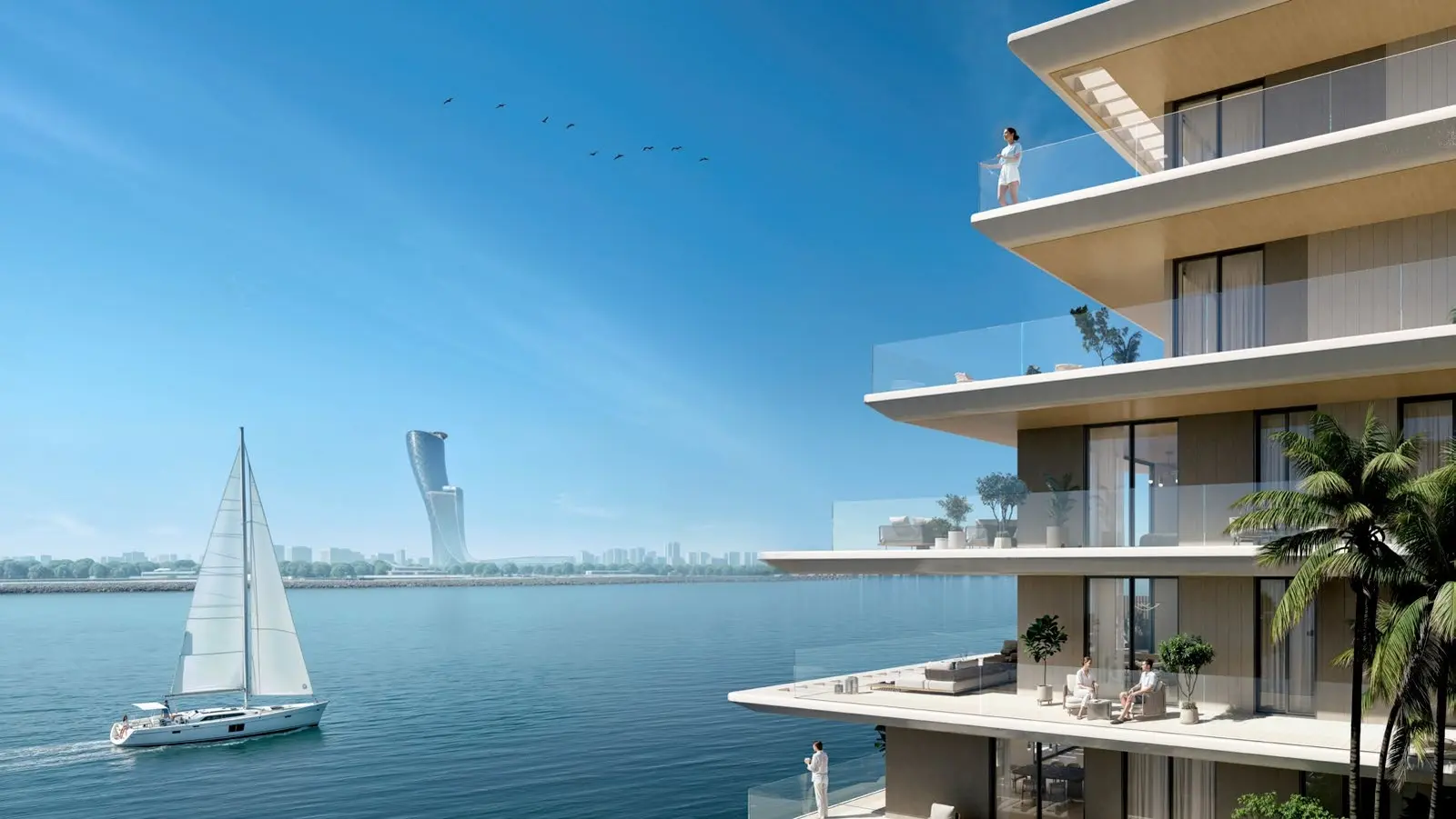 Evening waterfront promenade at Bashayer Residences Abu Dhabi highlighting luxurious apartment living and vibrant community spaces.jpg