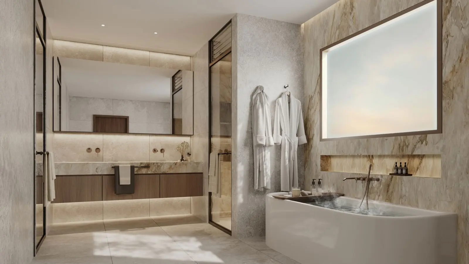 Spacious bathroom with luxury fixtures in Bashayer Residences apartments, showcasing modern coastal lifestyle in Abu Dhabi.jpg