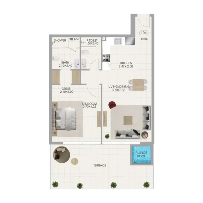 1 bedroom + pool floor plan