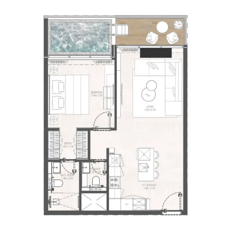 1 bedroom + pool