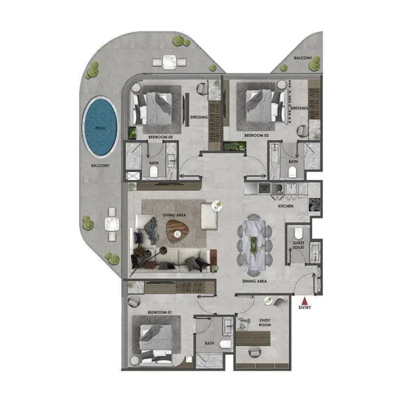 3 Bedrooms apartments - Arya Residences
