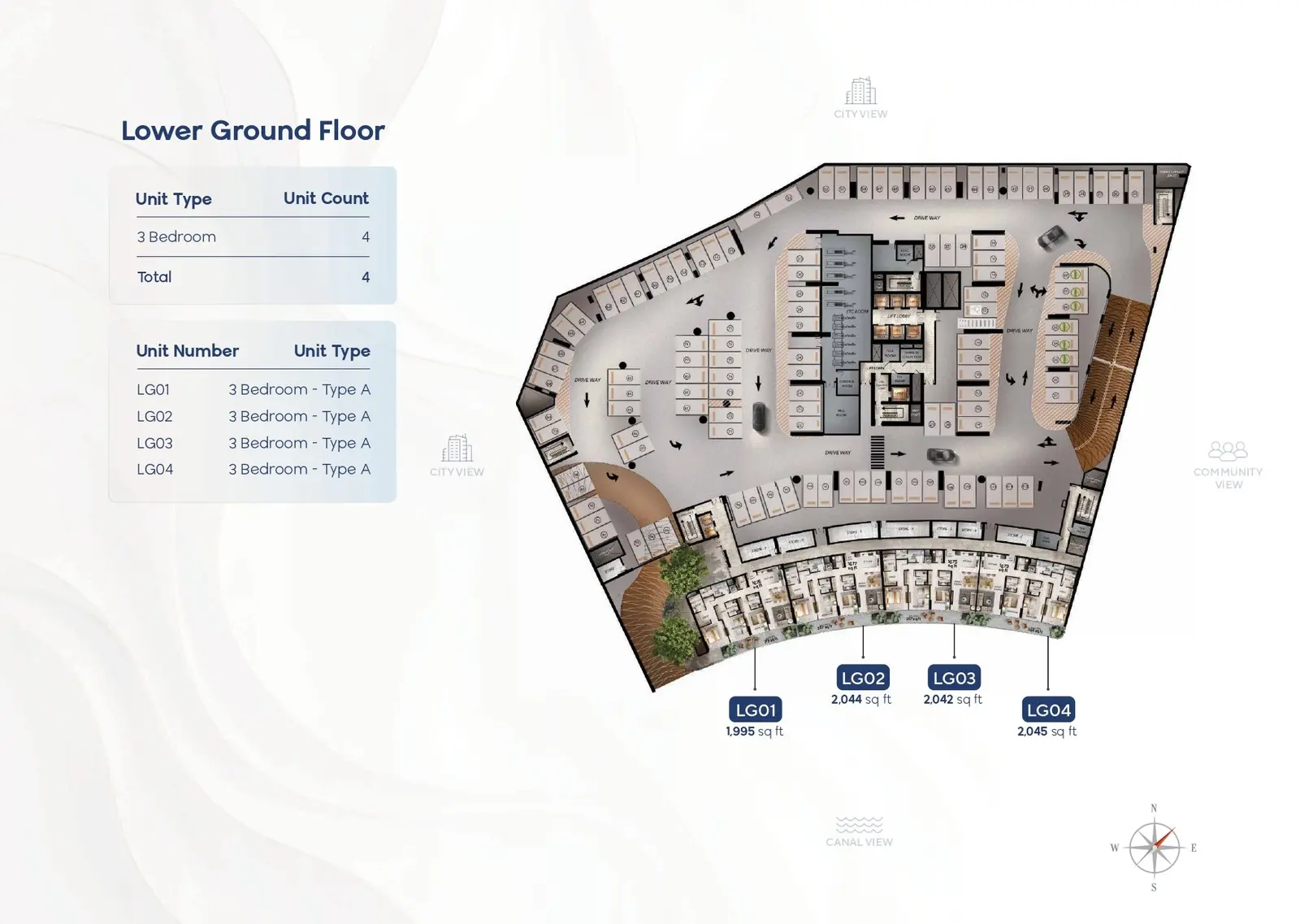 Lower ground floor plan of Radiant Wave Al Reem Island detailing parking areas, service zones, and building infrastructure