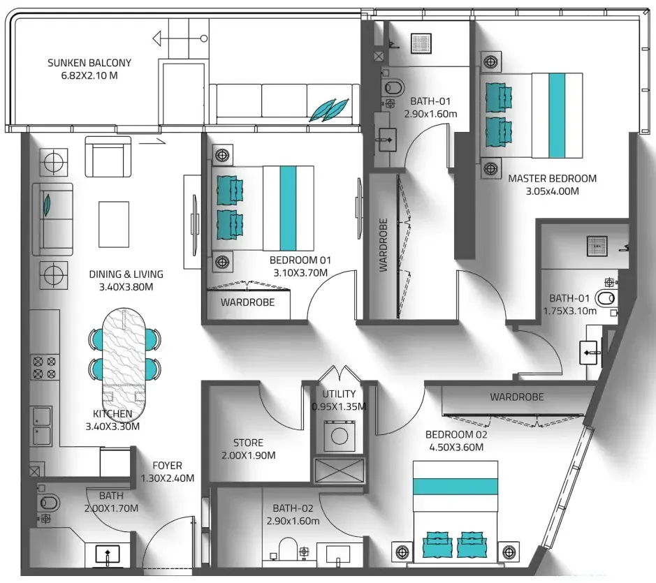 3 Bedrooms apartments - Reef 998