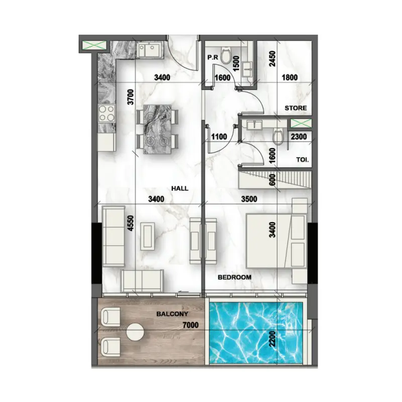 1 bedroom + pool