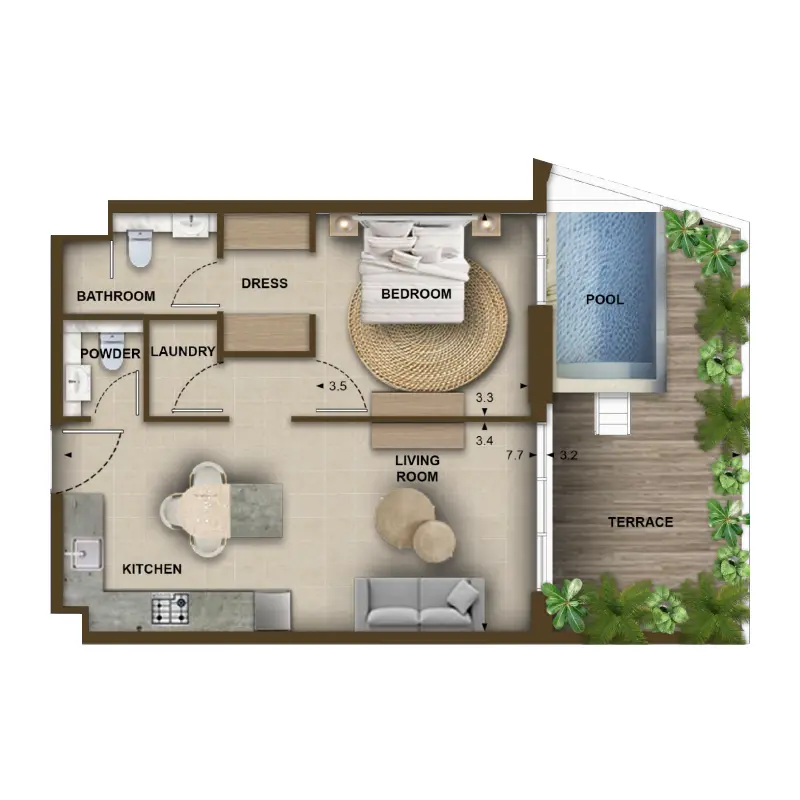 1 bedroom + pool