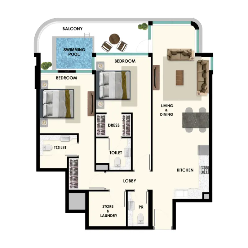 2 bedroom + pool