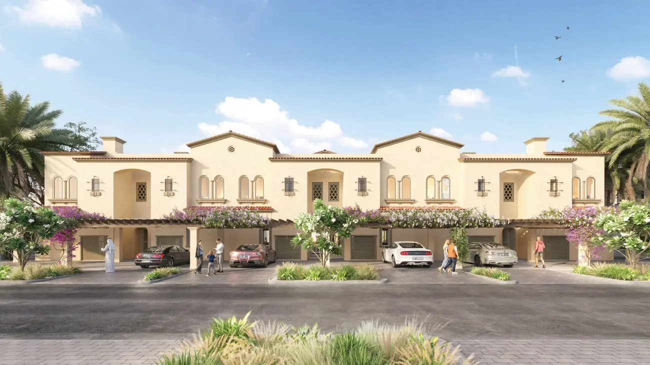 Mediterranean façade of Carmona at Bloom Living townhouse Zayed City