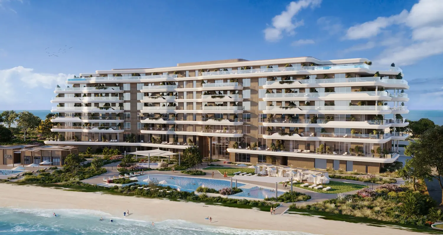 Beachfront exterior pathway at SHA Residences Emirates, Al Jurf, Abu Dhabi, connecting residences to the private beach club