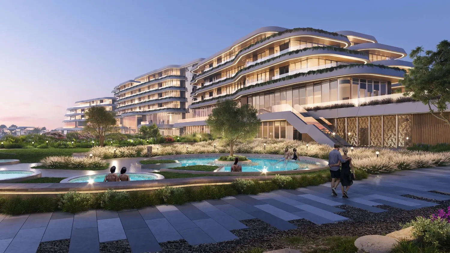 Waterfront exterior view of SHA Residences Emirates community, Al Jurf, Abu Dhabi, set along the island's coastline