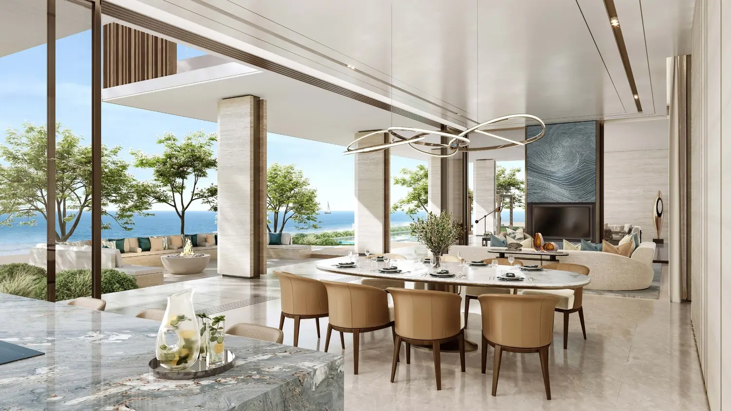 Dining area interior at SHA Residences Emirates penthouse, Al Jurf, Abu Dhabi, offering elegant waterfront-facing living spaces