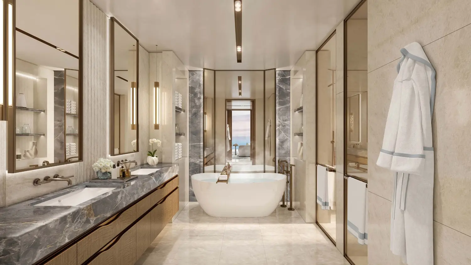 Open-plan living space interior at SHA Residences Emirates villa, Al Jurf, Abu Dhabi, showcasing contemporary wellness architecture