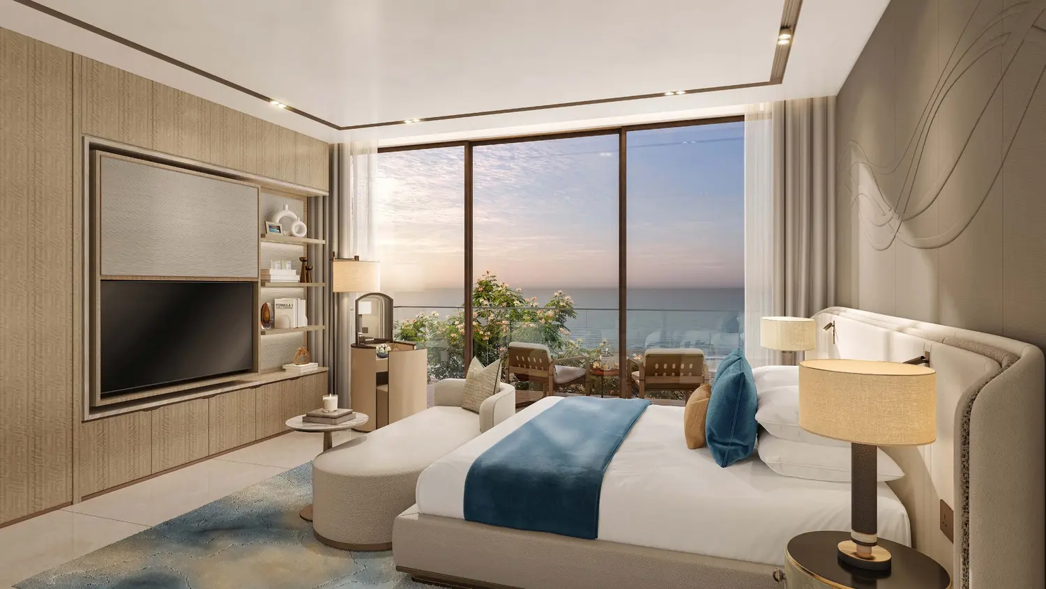 Guest bedroom interior within SHA Residences Emirates apartment, Al Jurf, Abu Dhabi, designed with calm, natural tones