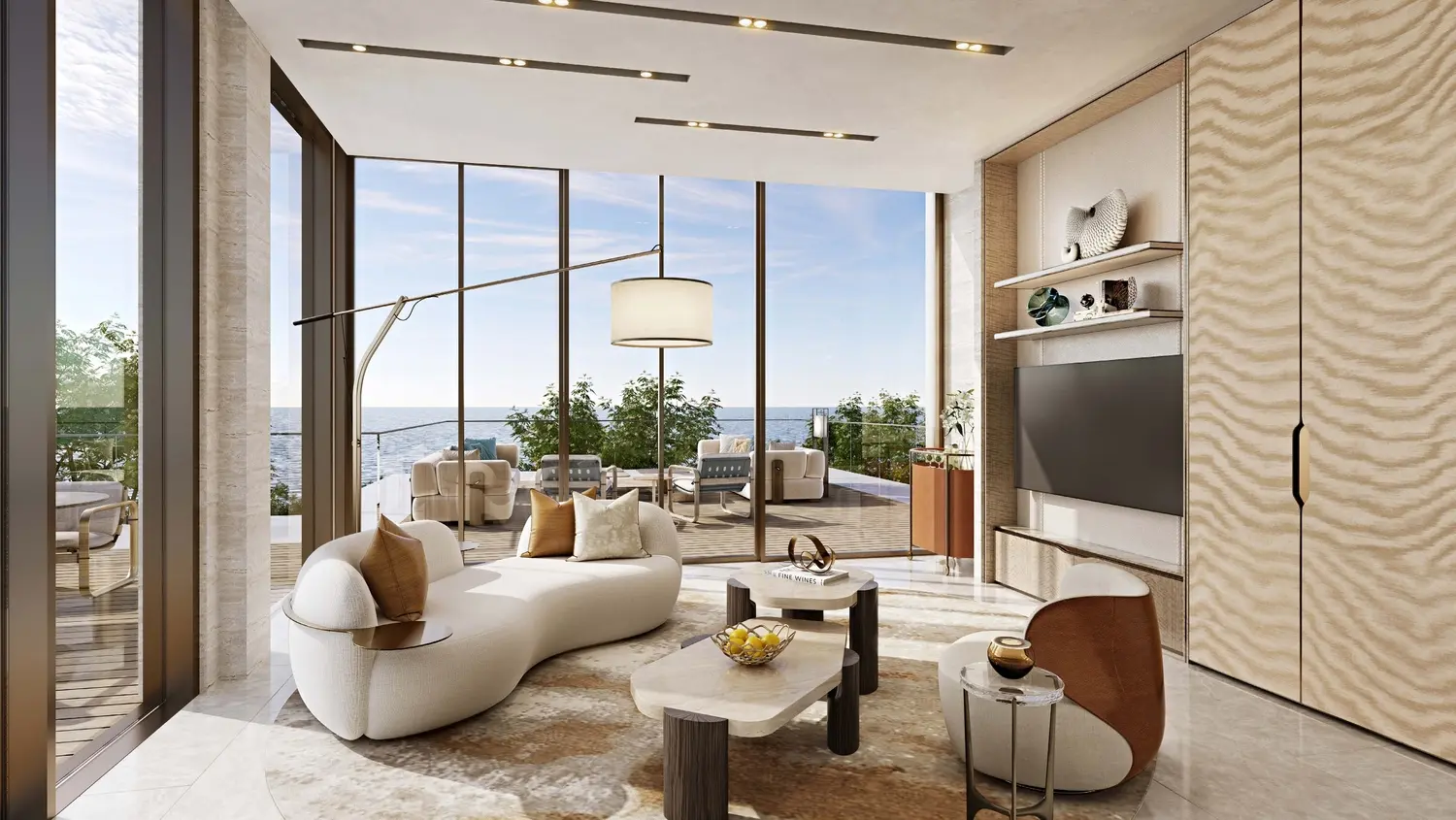 Penthouse interior lounge at SHA Residences Emirates, Al Jurf, Abu Dhabi, highlighting panoramic Wellness Island views