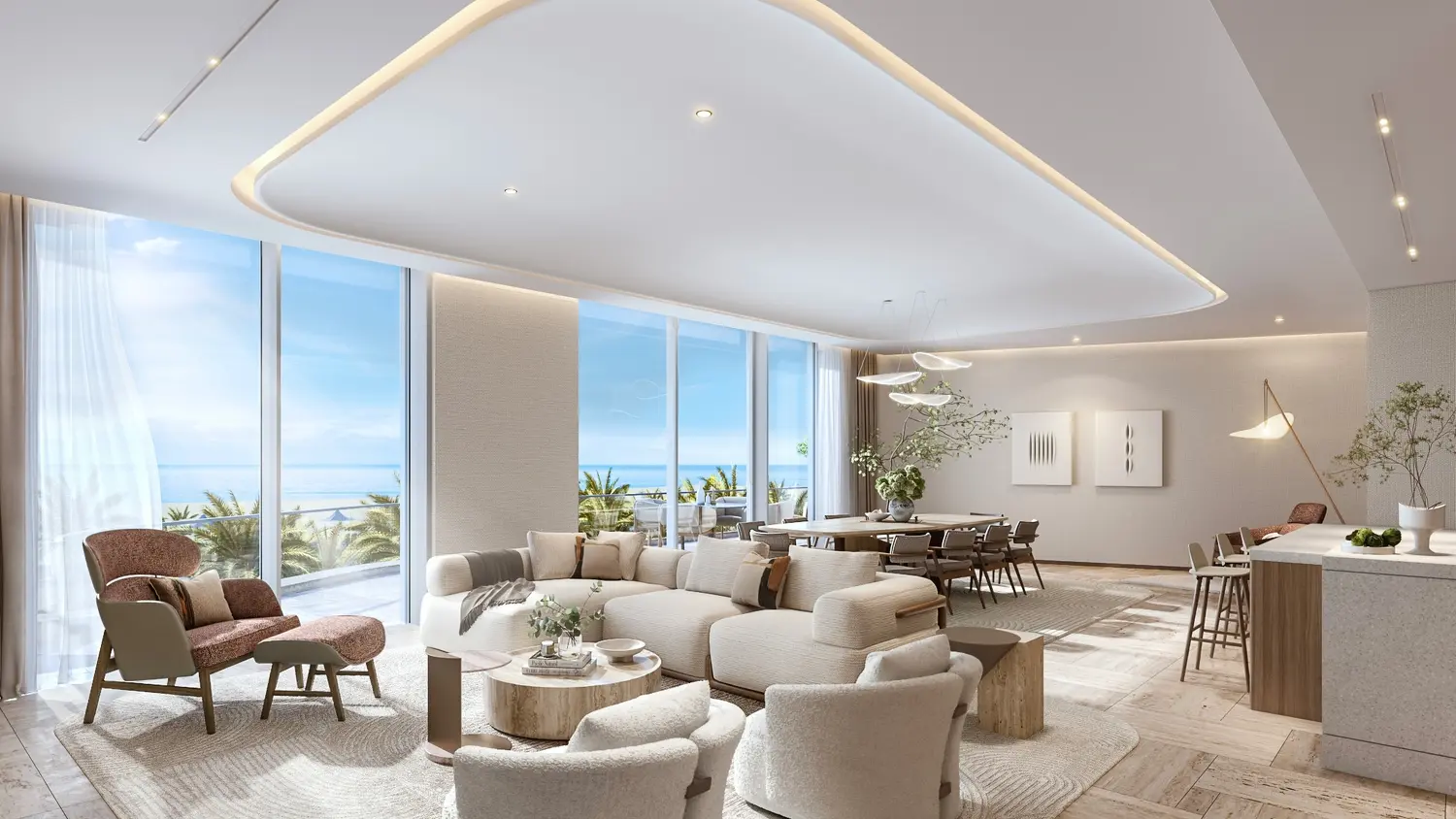 Balcony interior view from SHA Residences Emirates apartment, Al Jurf, Abu Dhabi, overlooking the wellness community grounds