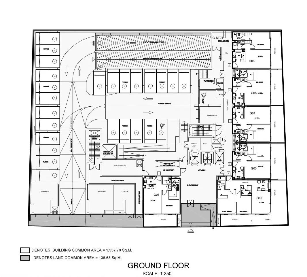 Ground floor plate of Roma Residences showing building layout, access points, and core design structure