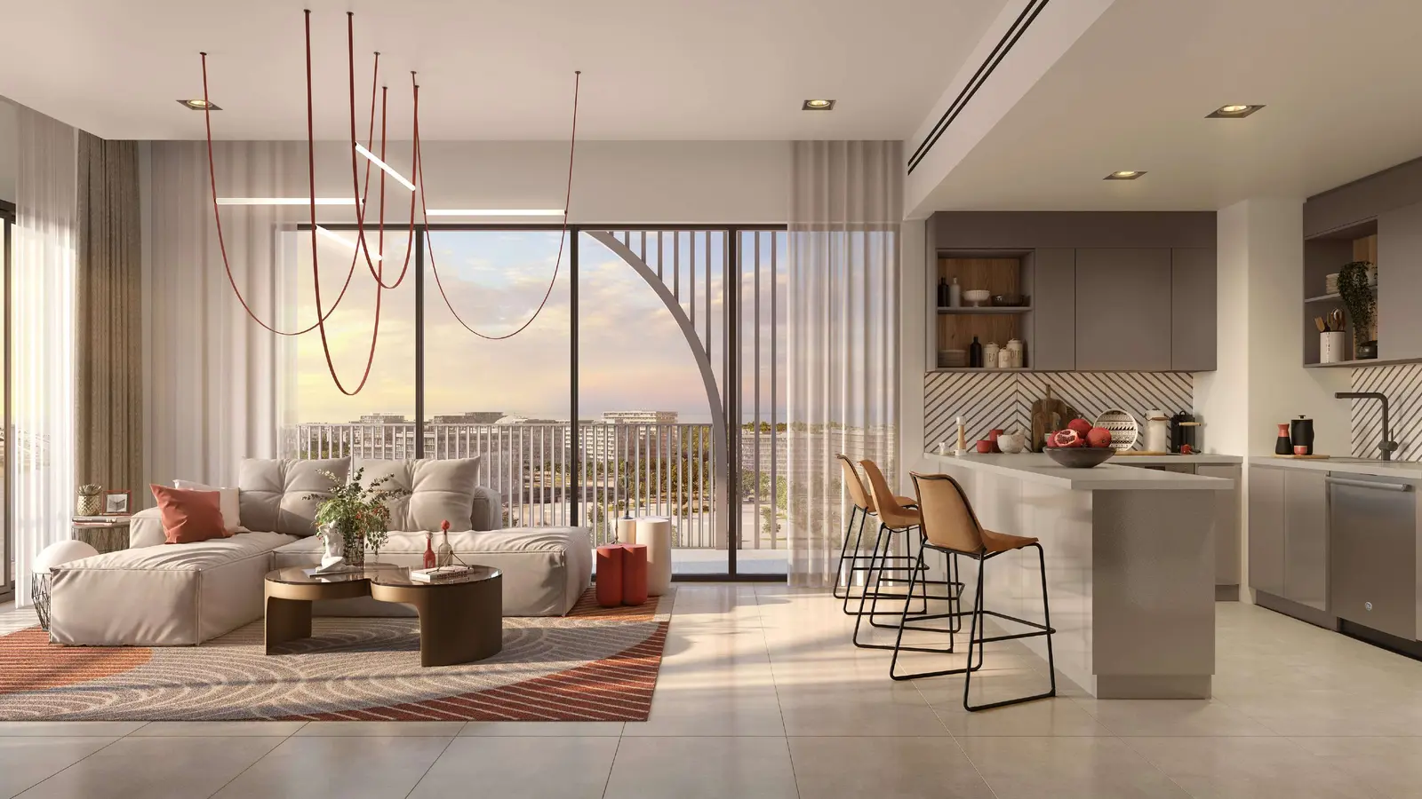 Contemporary kitchen and dining area at Manarat Living III on Saadiyat Island, Abu Dhabi with stylish finishes.