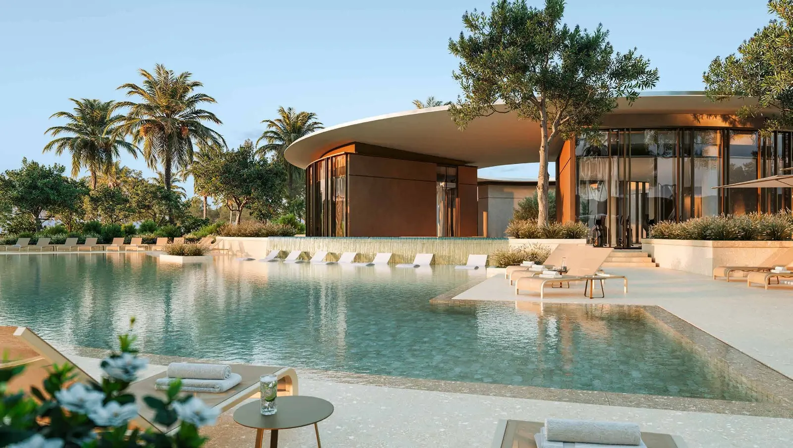 Swimming pool at  interior at Fay Valley Masdar City Abu Dhabi UAE showcasing spacious seating, neutral palettes, and a relaxing community‑oriented ambiance..jpg