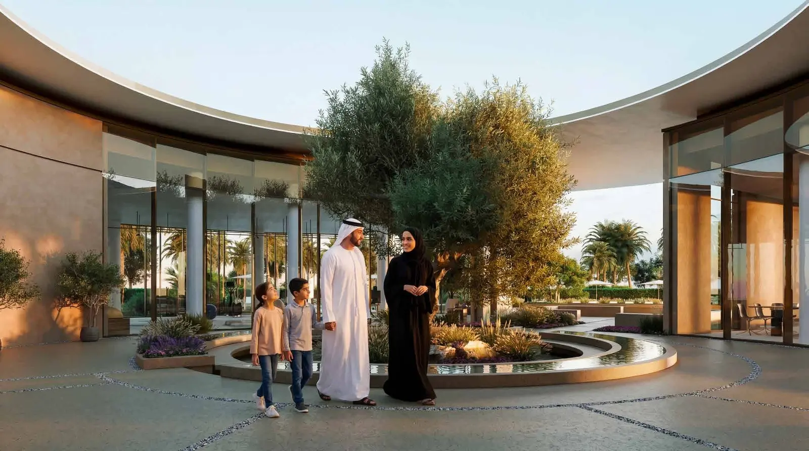 Aerial exterior of Clubhouse Masdar City Abu Dhabi UAE displaying interconnected green spaces, shaded trails, and contemporary residential clusters..jpg