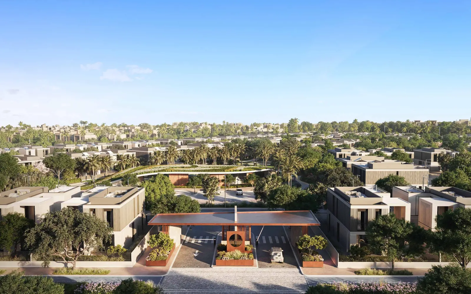 Exterior view of Fay Valley Masdar City Abu Dhabi UAE showcasing modern villa architecture surrounded by landscaped greenery and shaded pedestrian walkways..jpg