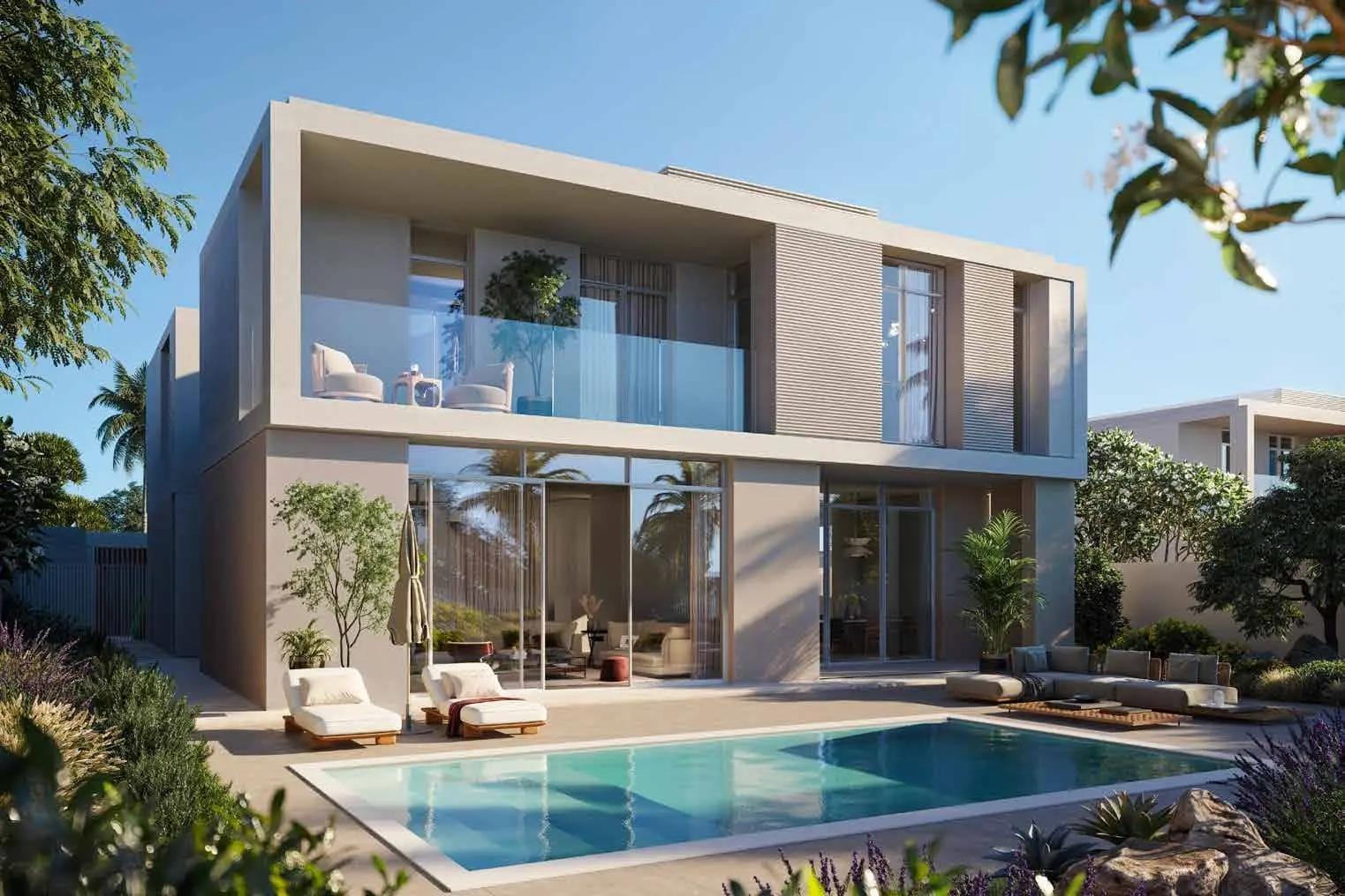 Contemporary townhouse façade at Fay Valley Masdar City Abu Dhabi UAE, featuring clean lines, natural tones, and lush community landscaping..jpg