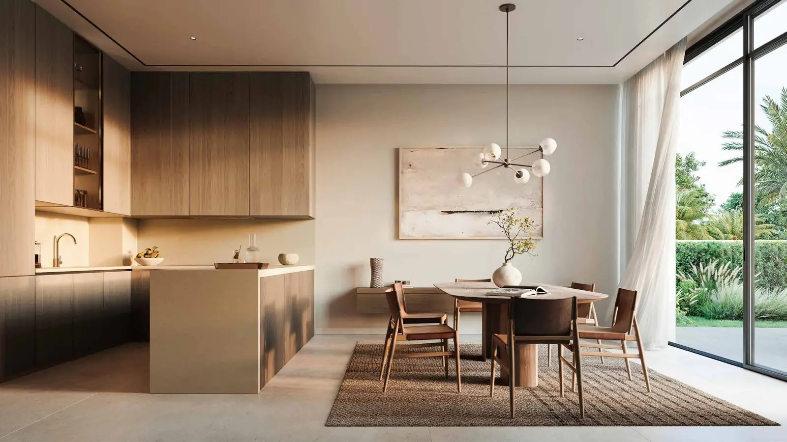 Dining and living area inside Fay Valley Masdar City Abu Dhabi UAE offering seamless indoor‑outdoor flow and elegant modern design..jpg