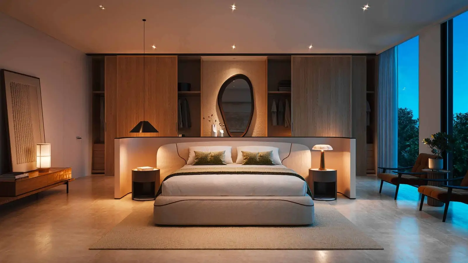 Master bedroom interior at Fay Valley Masdar City Abu Dhabi UAE designed with warm tones, natural light, and a calm wellness‑inspired atmosphere..jpg