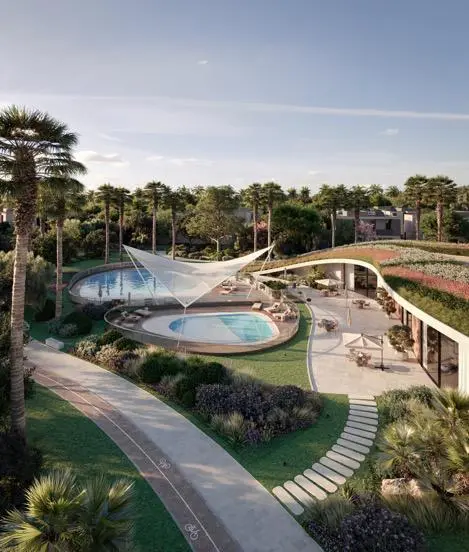 Shaded walkway at Fay Gardens Fay Hills Masdar City providing green outdoor connectivity between villas and parks..jpg