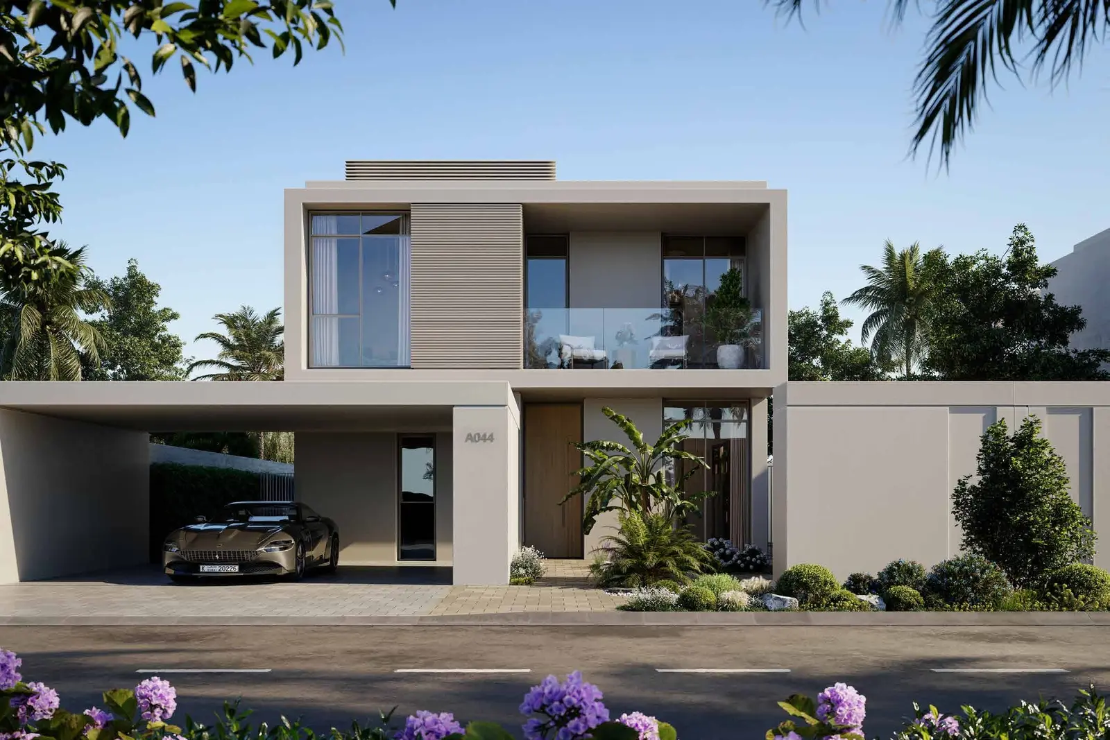 Contemporary townhouse façade at Fay Valley Masdar City Abu Dhabi UAE featuring clean architectural lines, natural tones, and lush community landscaping..jpg